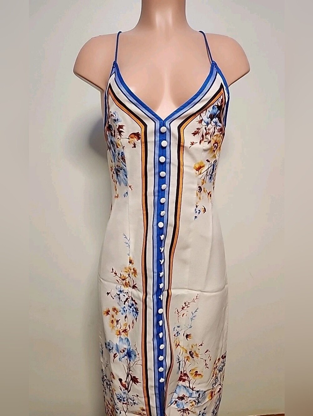 Floral Button-Front Slip Dress in Cream and Blue